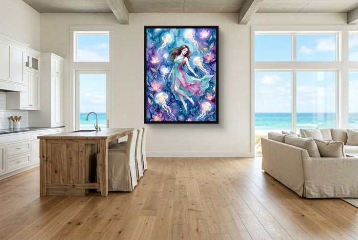 Woman in Azure Currents — woman in azure currents living room with ocean view 2 1port framed black