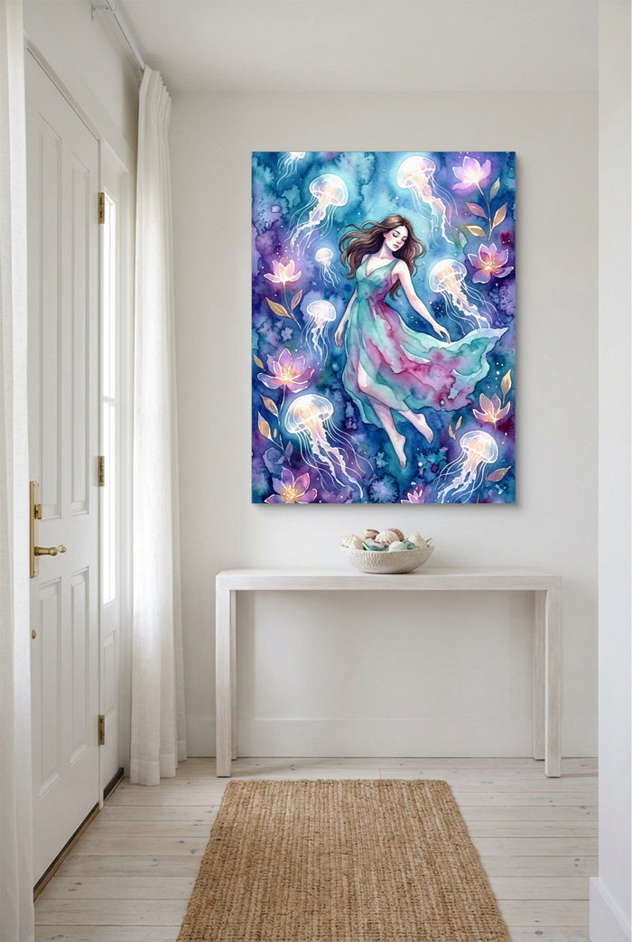 Woman in Azure Currents — woman in azure currents p small room with table 1port flush print