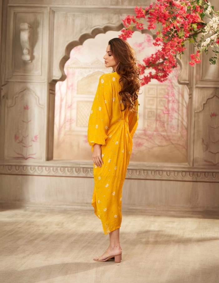 Yellow chinon pleated embroidered midi dress by Arab Crab designer Singapore
