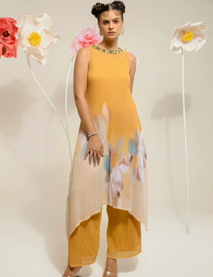 Yellow Stand Collar Kurta Set