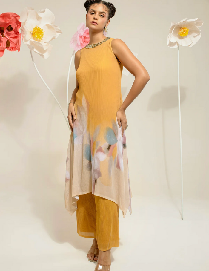 Yellow Stand Collar Kurta Set