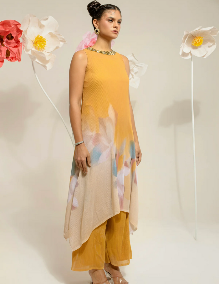 Yellow Stand Collar Kurta Set