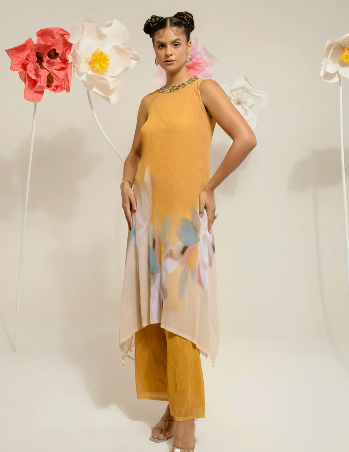 Yellow Stand Collar Kurta Set