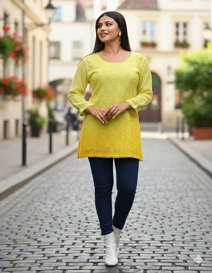 Yellow printed kurti online shopping