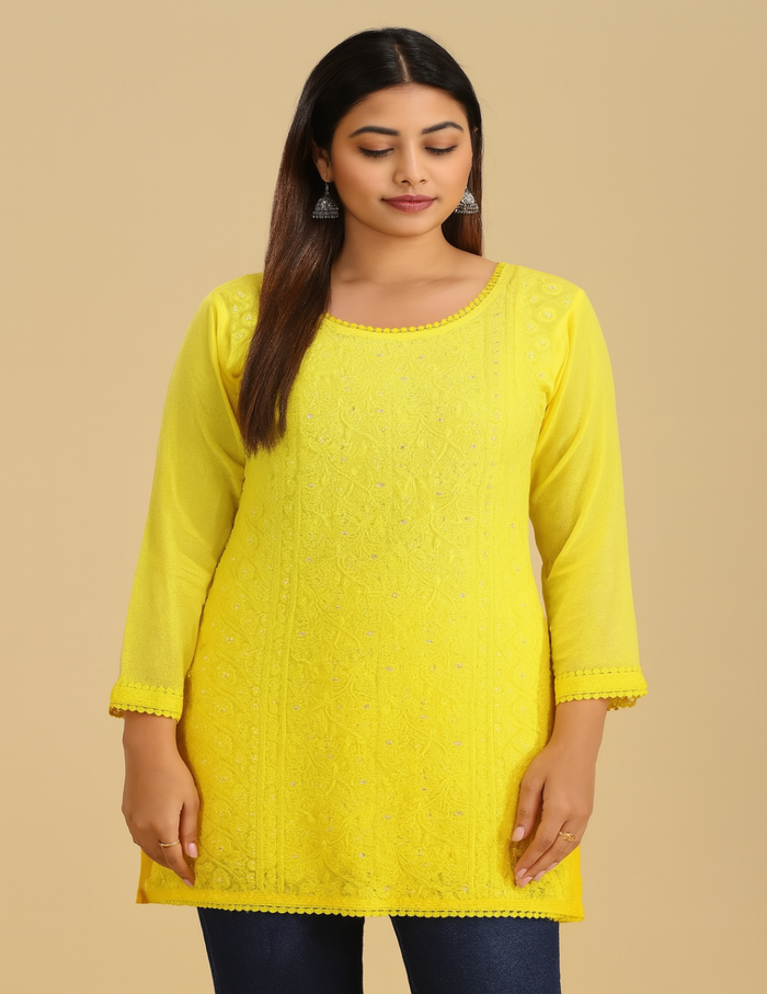 Light yellow embroidered kurti online